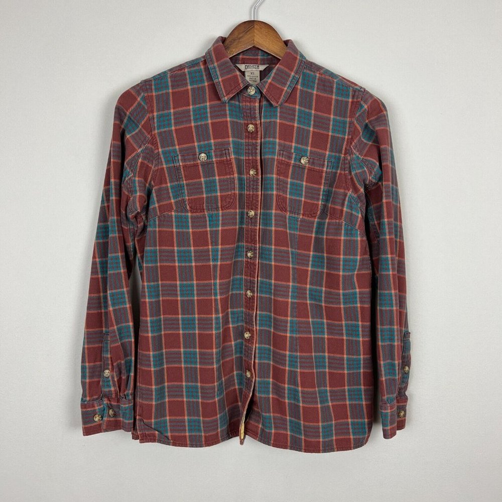 Duluth Trading Flannel Shirt Womens XS Multicolor Plaid Button Up Long Sleeve
